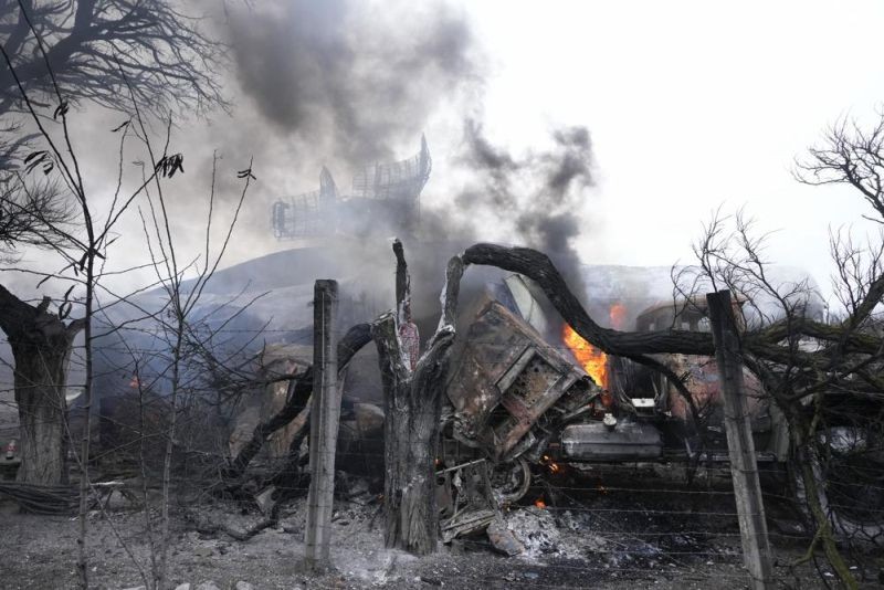 Damaged radar arrays and other equipment is seen at Ukrainian military facility outside Mariupol, Ukraine on February 24. Russia has launched a barrage of air and missile strikes on Ukraine early Thursday and Ukrainian officials said that Russian troops have rolled into the country from the north, east and south. (AP Photo)